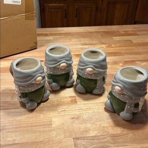 Pottery Barn Festive Gnome Ceramic Holiday Mugs - Gray and Green-Set of 4